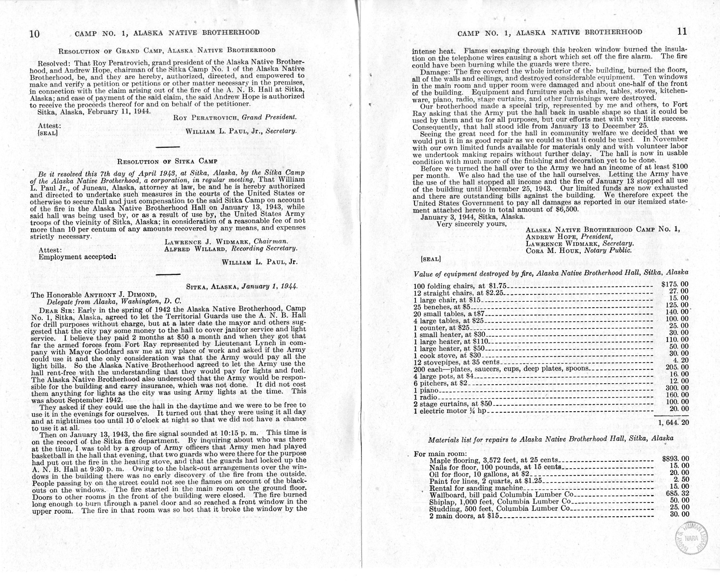 Memorandum from Frederick J. Bailey to M. C. Latta, H.R. 802, For the Relief of Camp Numbered 1, Alaska Native Brotherhood, Sitka, Alaska, with Attachments