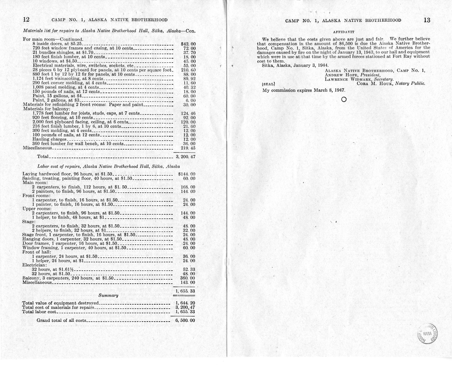 Memorandum from Frederick J. Bailey to M. C. Latta, H.R. 802, For the Relief of Camp Numbered 1, Alaska Native Brotherhood, Sitka, Alaska, with Attachments