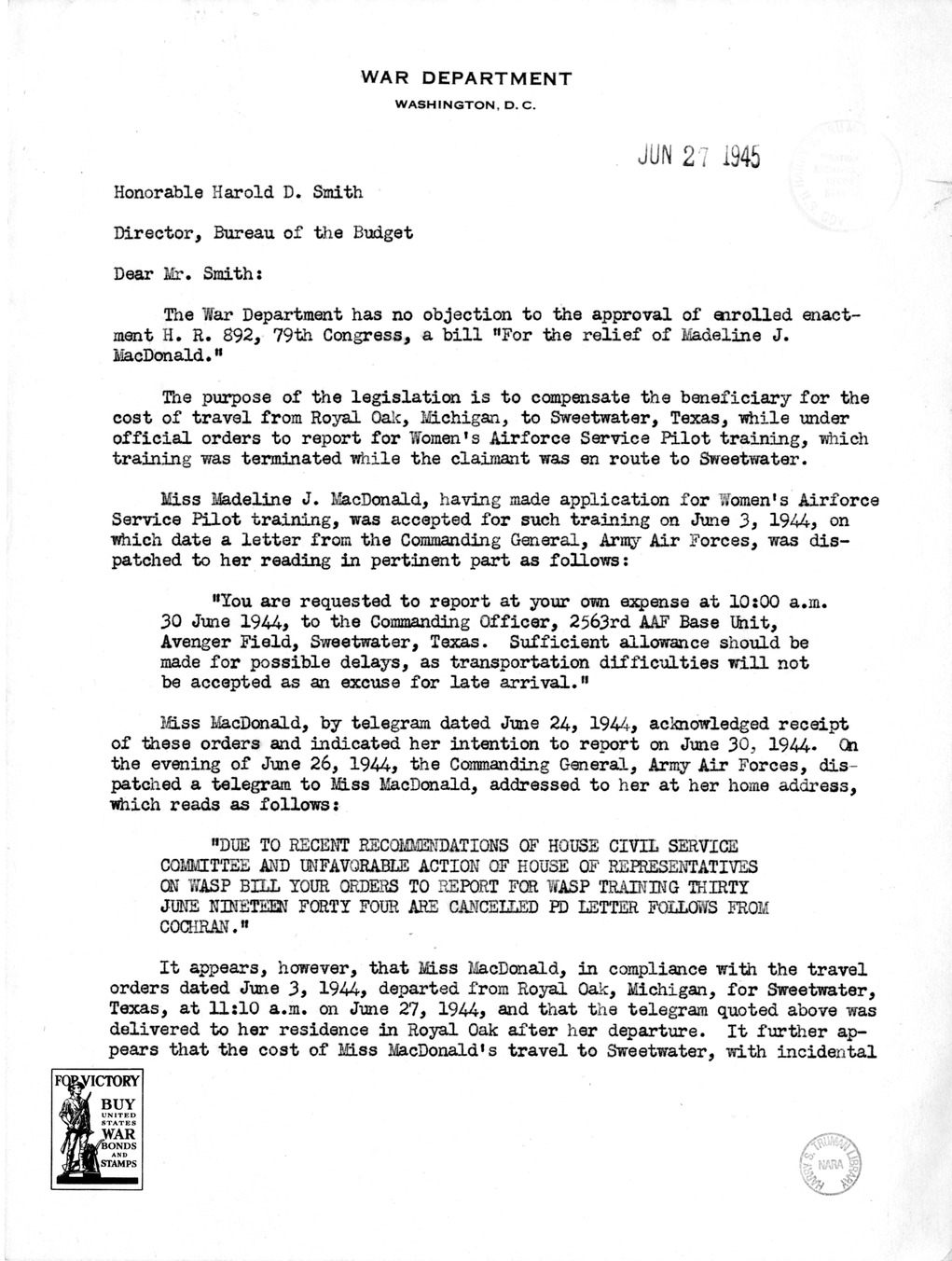 Memorandum from Frederick Bailey to M. C. Latta, H.R. 892, for the Relief of Madeline J. MacDonald, with Attachments
