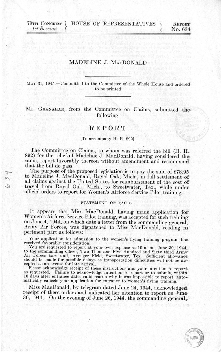 Memorandum from Frederick Bailey to M. C. Latta, H.R. 892, for the Relief of Madeline J. MacDonald, with Attachments