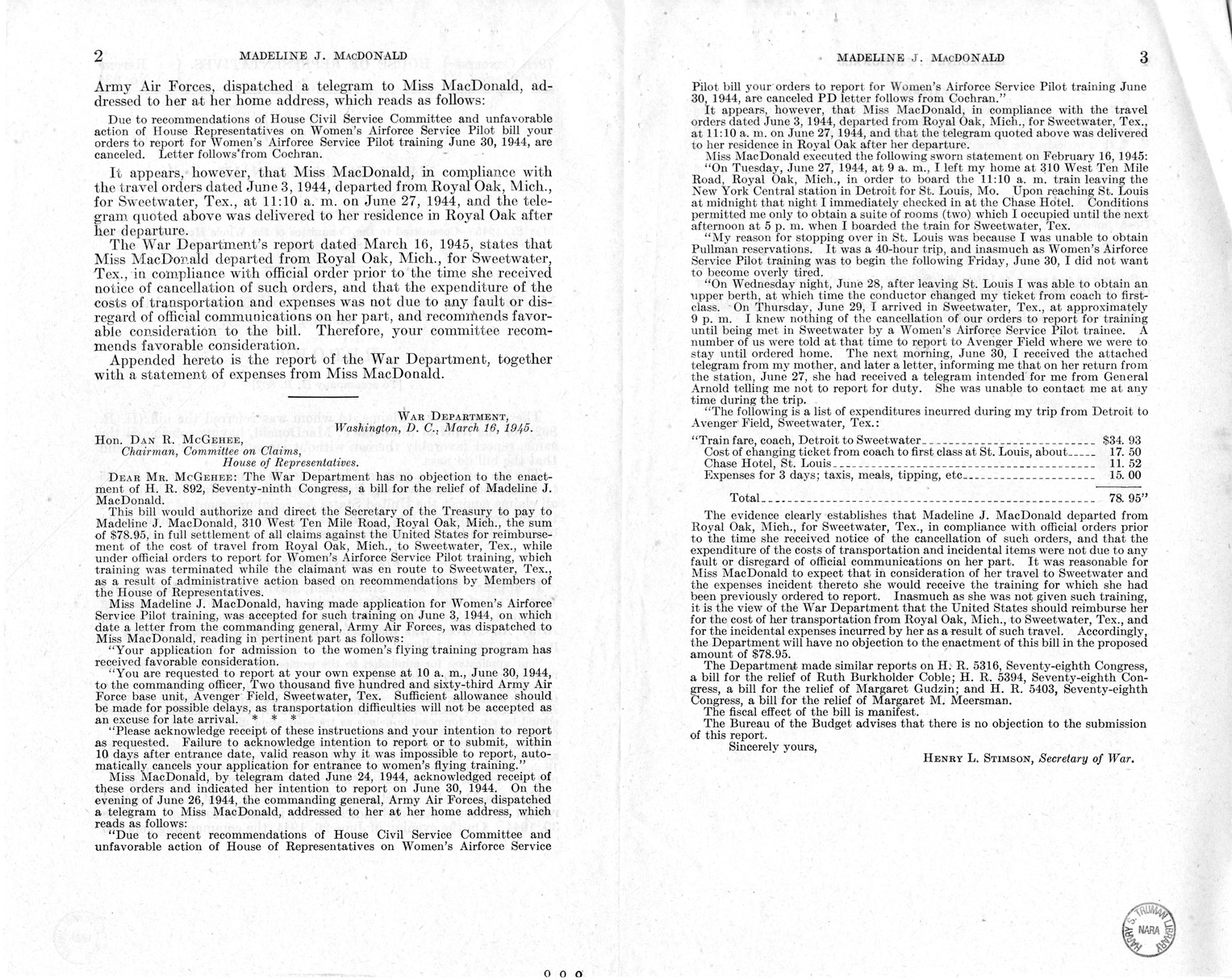 Memorandum from Frederick Bailey to M. C. Latta, H.R. 892, for the Relief of Madeline J. MacDonald, with Attachments