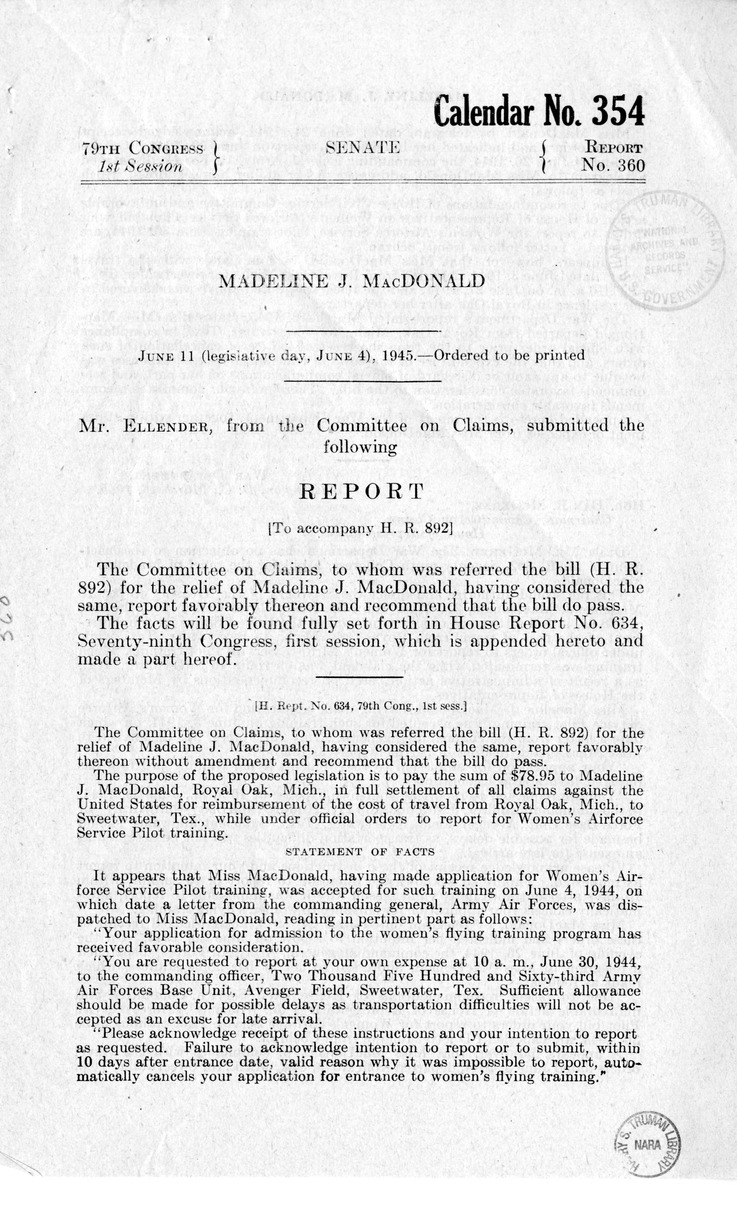Memorandum from Frederick Bailey to M. C. Latta, H.R. 892, for the Relief of Madeline J. MacDonald, with Attachments