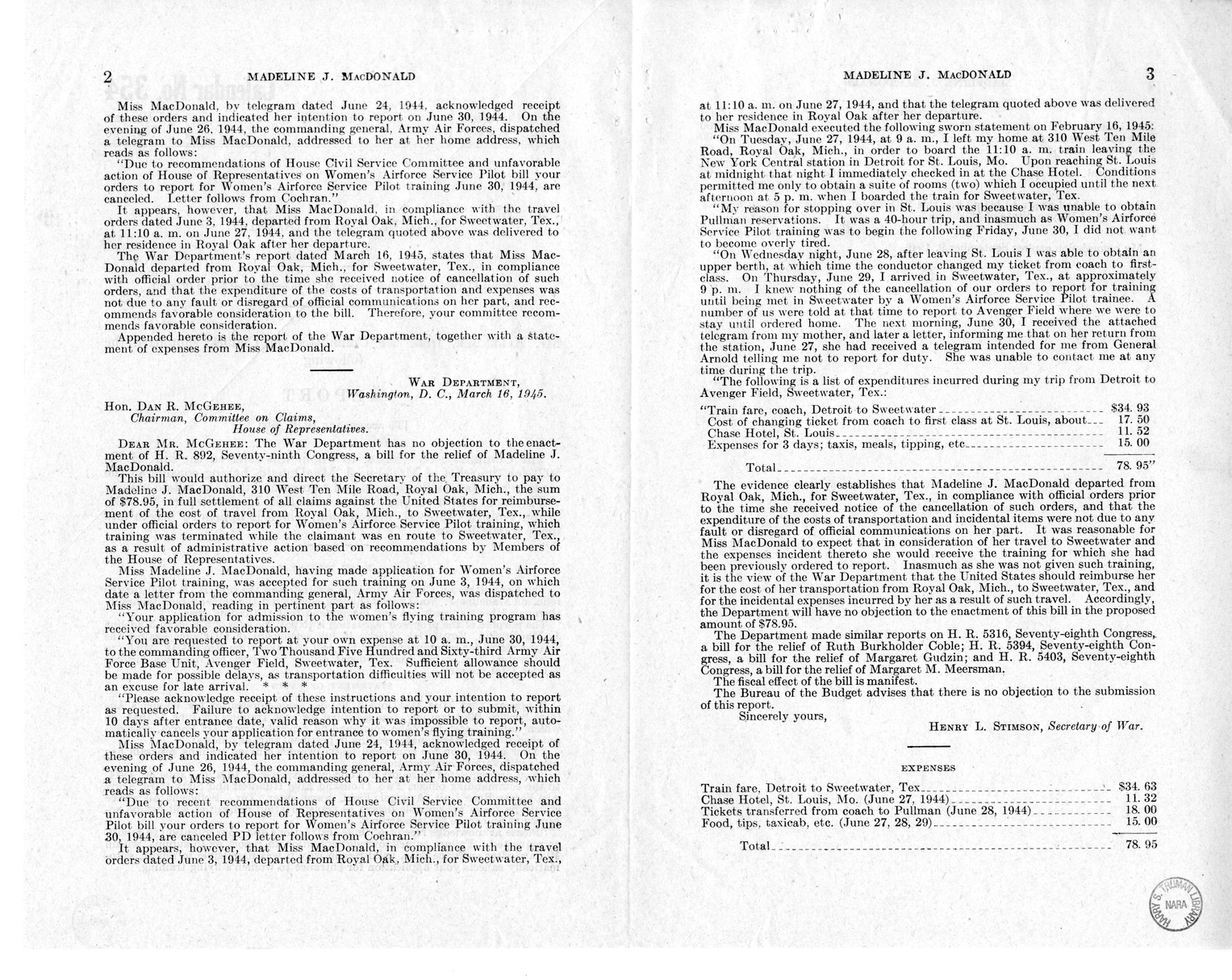 Memorandum from Frederick Bailey to M. C. Latta, H.R. 892, for the Relief of Madeline J. MacDonald, with Attachments