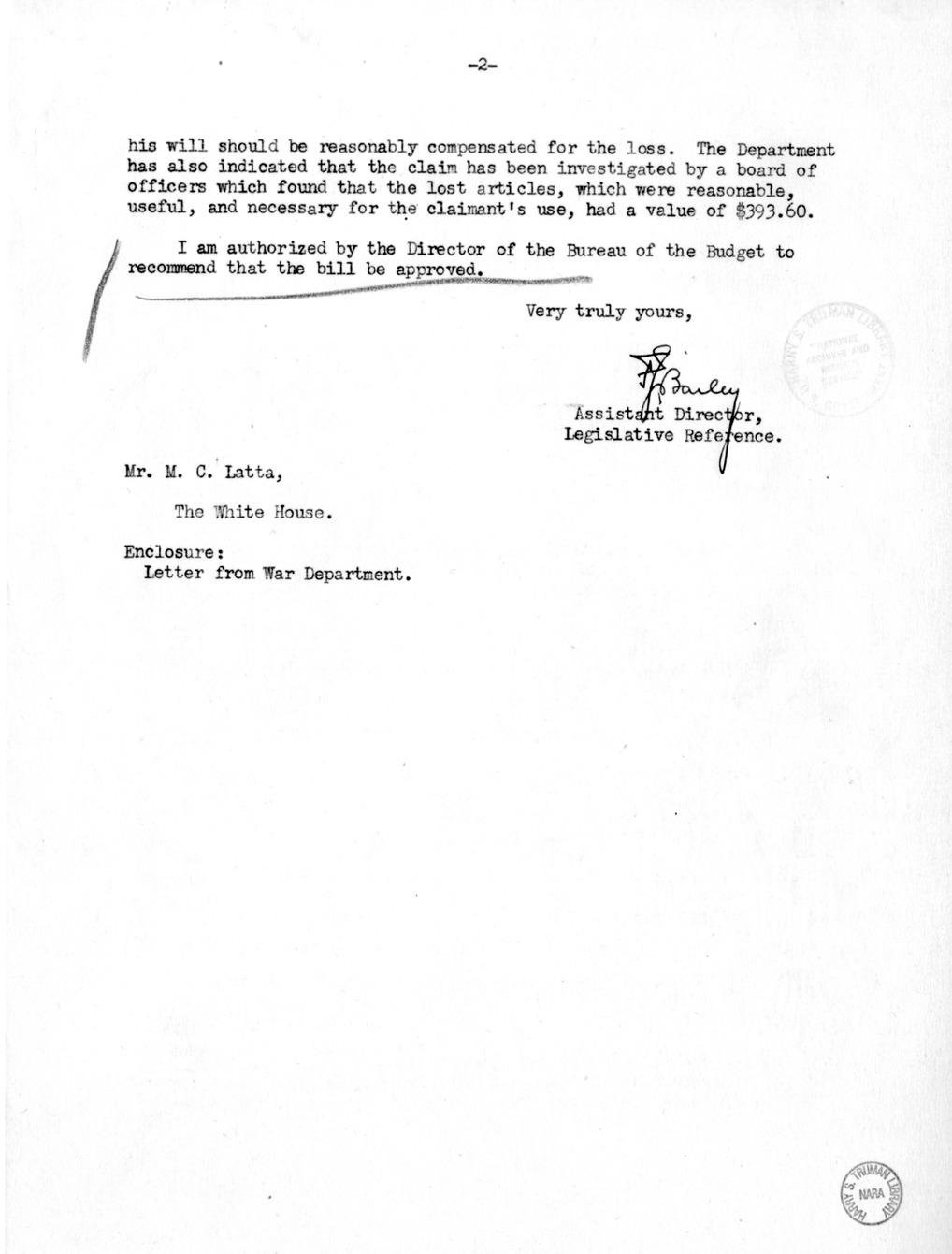 Memorandum from Frederick Bailey to M. C. Latta, H.R. 993, for the Relief of Mrs. Ellen C. Burnett, with Attachments