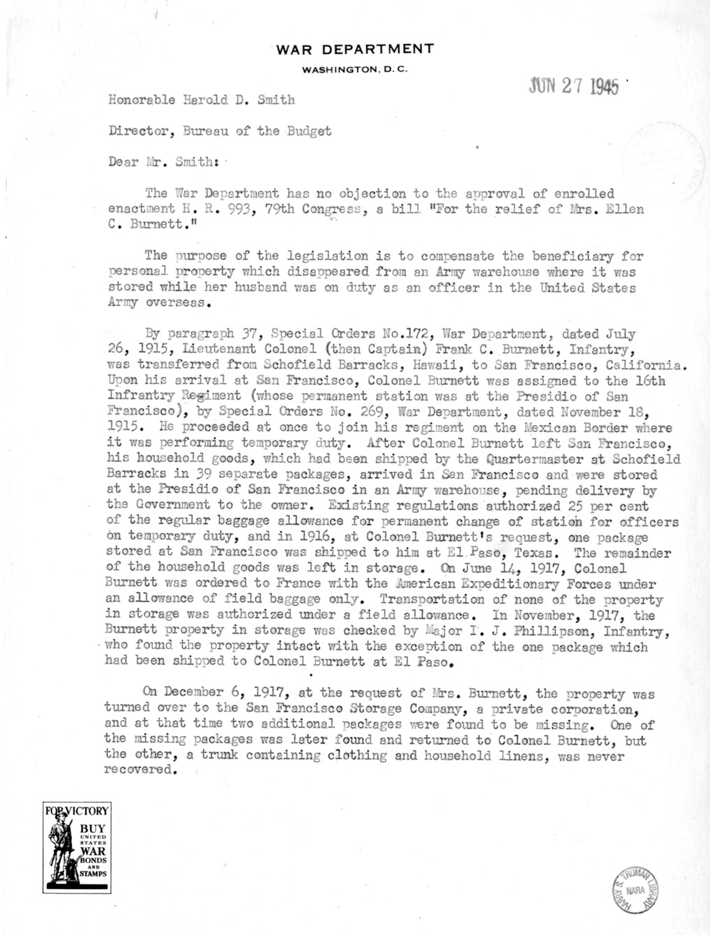 Memorandum from Frederick Bailey to M. C. Latta, H.R. 993, for the Relief of Mrs. Ellen C. Burnett, with Attachments