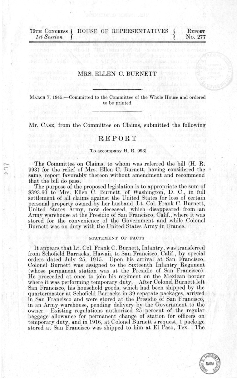 Memorandum from Frederick Bailey to M. C. Latta, H.R. 993, for the Relief of Mrs. Ellen C. Burnett, with Attachments