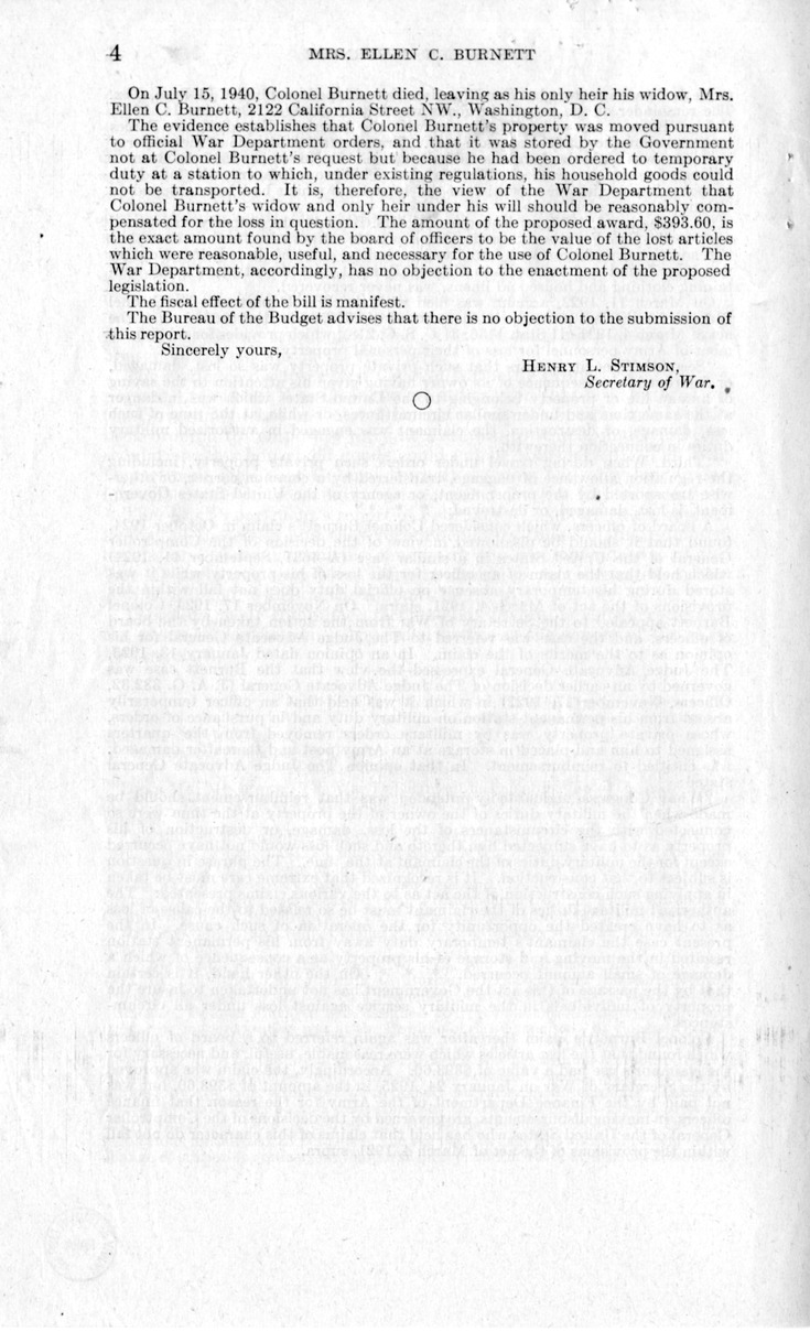Memorandum from Frederick Bailey to M. C. Latta, H.R. 993, for the Relief of Mrs. Ellen C. Burnett, with Attachments