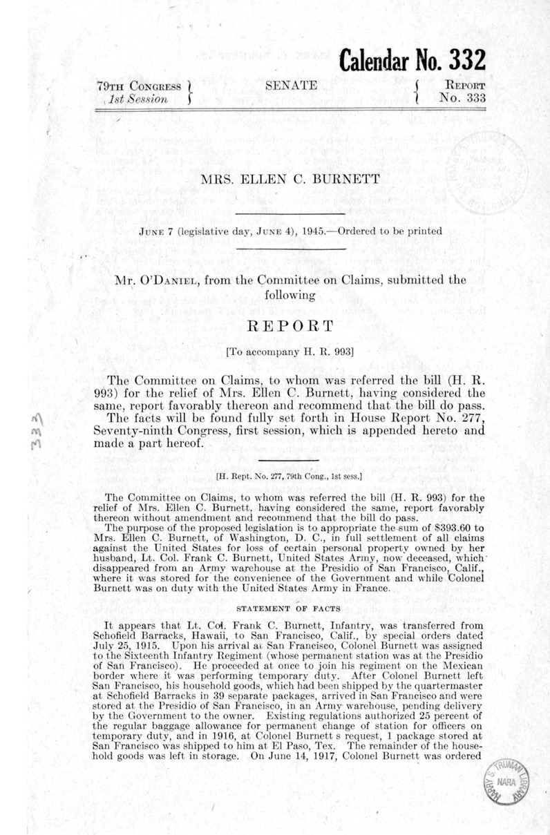 Memorandum from Frederick Bailey to M. C. Latta, H.R. 993, for the Relief of Mrs. Ellen C. Burnett, with Attachments