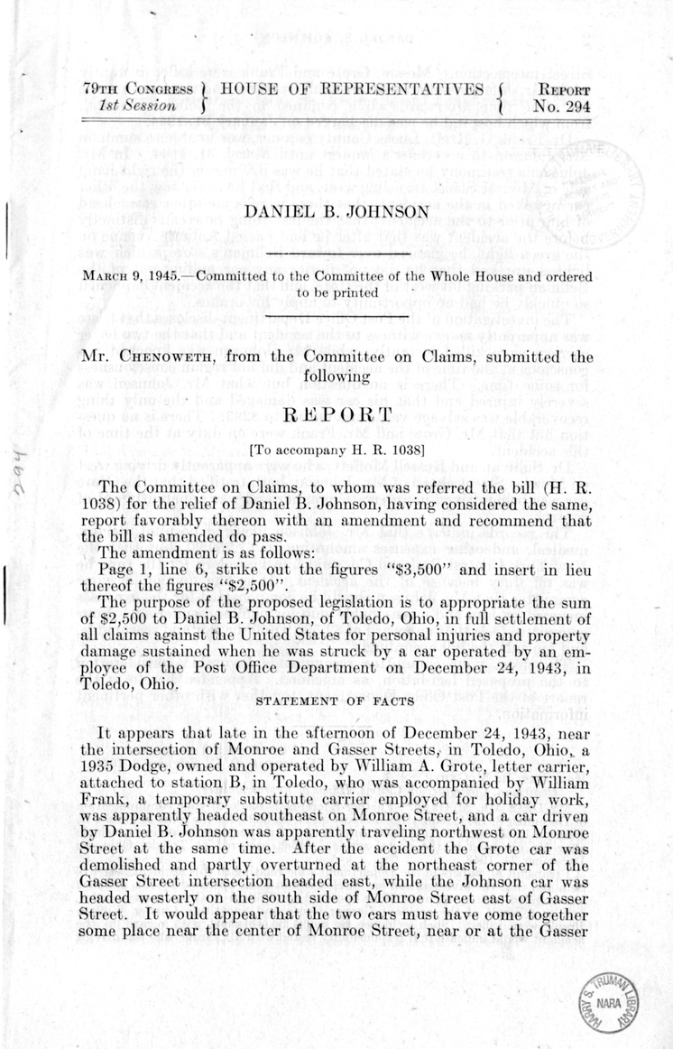 Memorandum from Frederick J. Bailey to M. C. Latta, H.R. 1038, For the Relief of Daniel B. Johnson, with Attachments