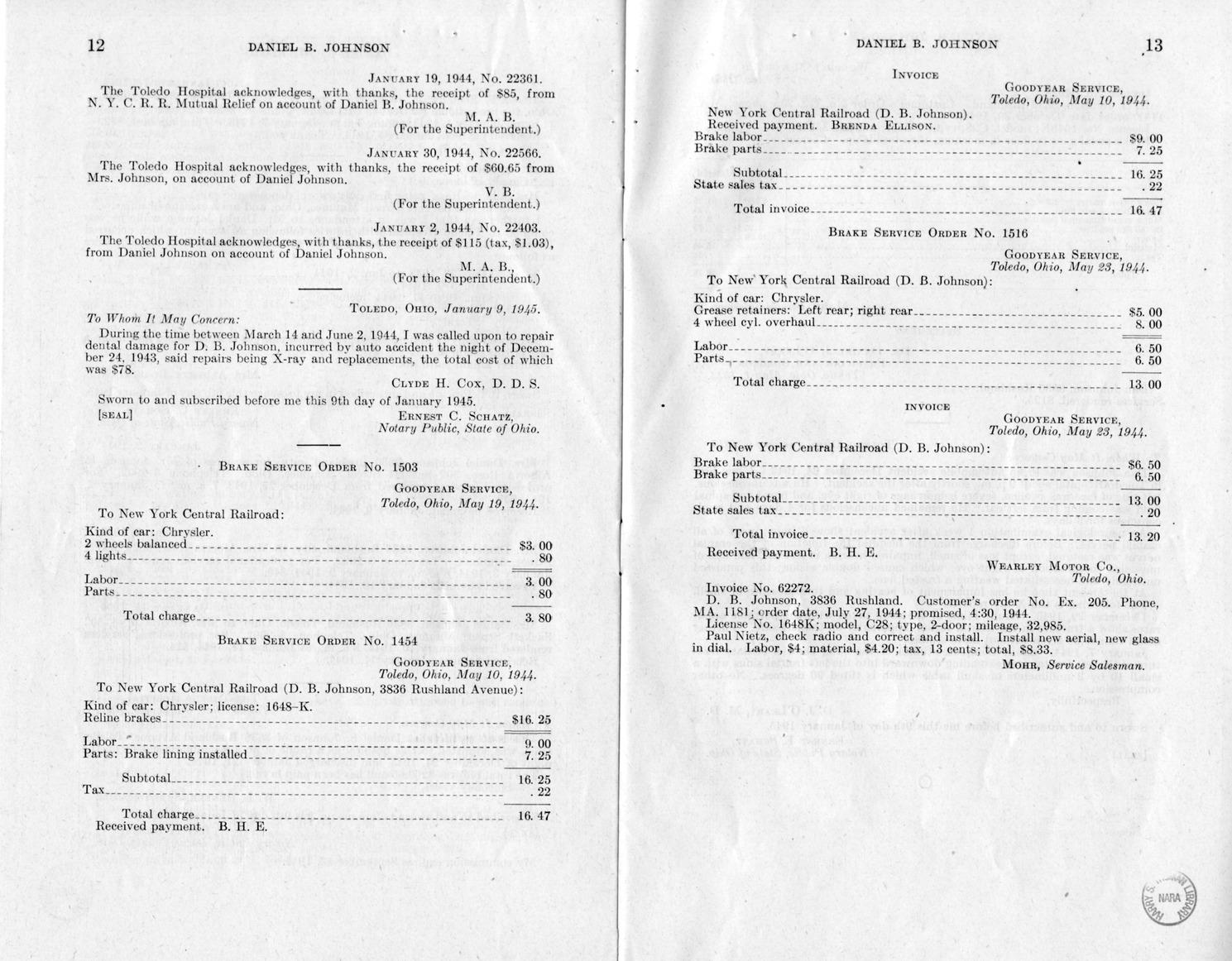 Memorandum from Frederick J. Bailey to M. C. Latta, H.R. 1038, For the Relief of Daniel B. Johnson, with Attachments