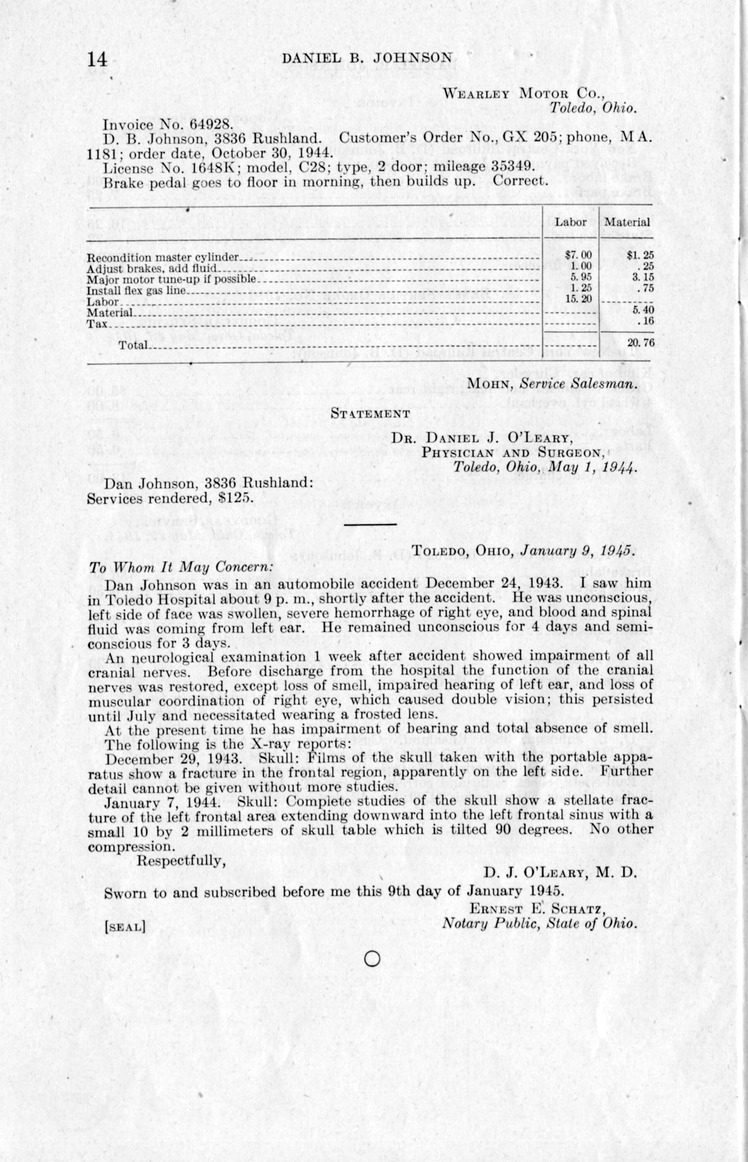 Memorandum from Frederick J. Bailey to M. C. Latta, H.R. 1038, For the Relief of Daniel B. Johnson, with Attachments