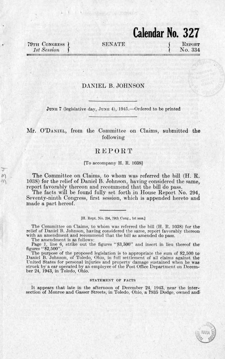 Memorandum from Frederick J. Bailey to M. C. Latta, H.R. 1038, For the Relief of Daniel B. Johnson, with Attachments