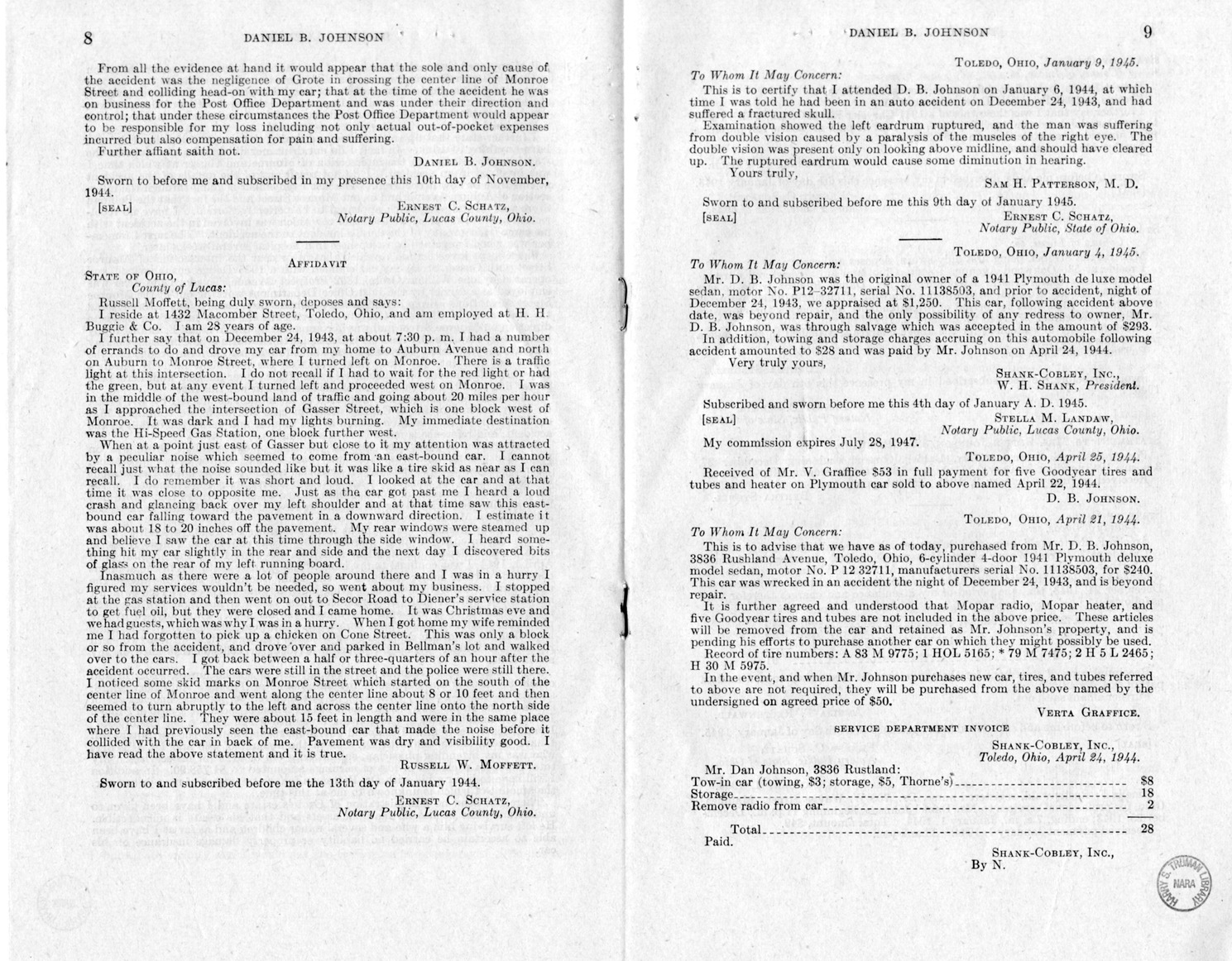 Memorandum from Frederick J. Bailey to M. C. Latta, H.R. 1038, For the Relief of Daniel B. Johnson, with Attachments