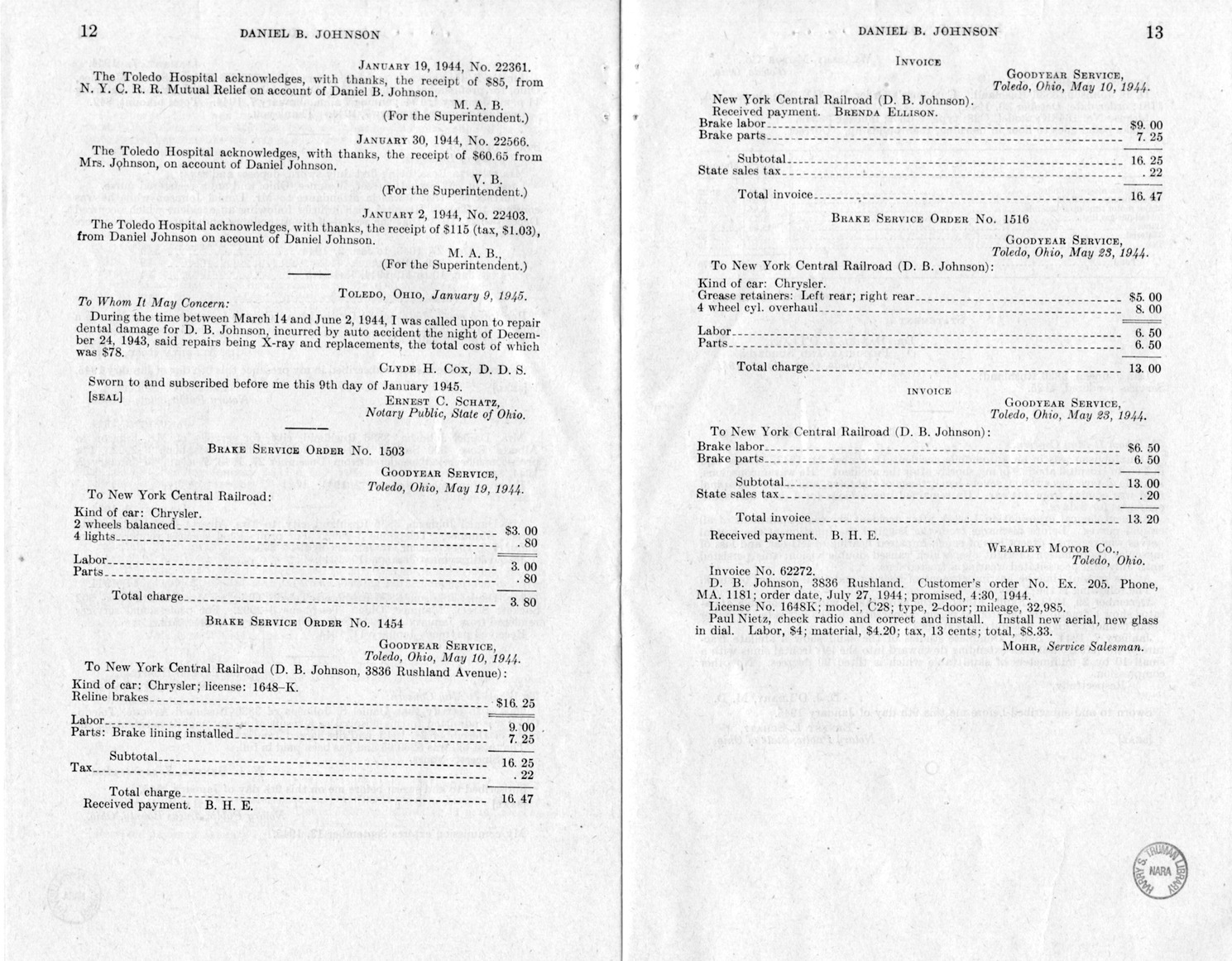 Memorandum from Frederick J. Bailey to M. C. Latta, H.R. 1038, For the Relief of Daniel B. Johnson, with Attachments