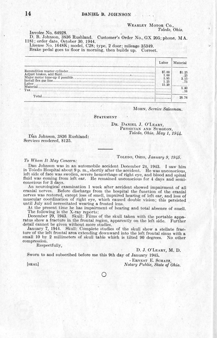 Memorandum from Frederick J. Bailey to M. C. Latta, H.R. 1038, For the Relief of Daniel B. Johnson, with Attachments