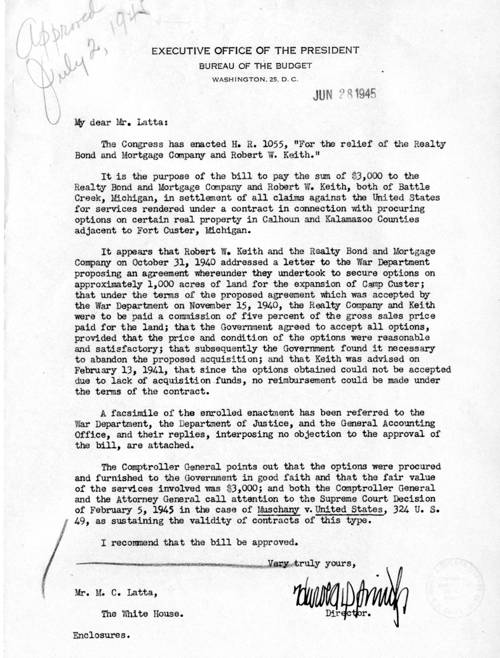 Memorandum from Harold D. Smith to M. C. Latta, H. R. 1055, for the Relief of the Realty Bond and Mortgage Company and Robert W. Keith, with Attachments