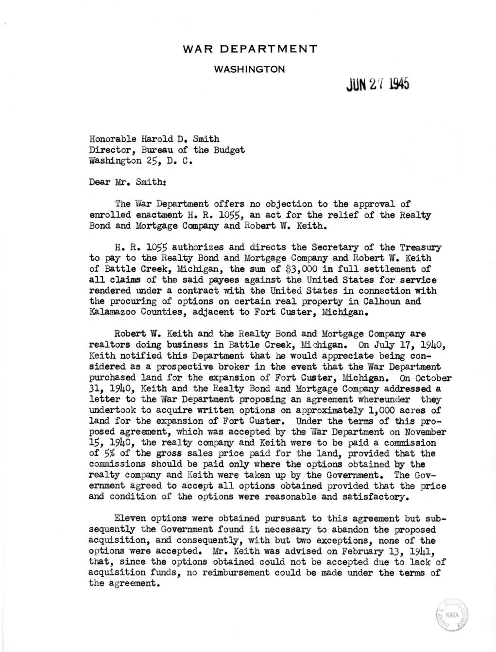 Memorandum from Harold D. Smith to M. C. Latta, H. R. 1055, for the Relief of the Realty Bond and Mortgage Company and Robert W. Keith, with Attachments