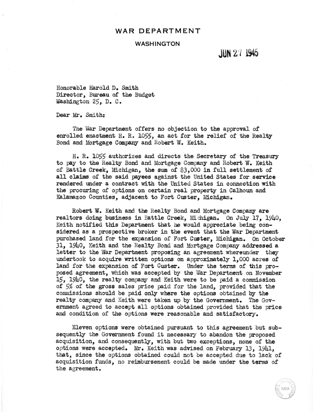 Memorandum from Harold D. Smith to M. C. Latta, H. R. 1055, for the Relief of the Realty Bond and Mortgage Company and Robert W. Keith, with Attachments