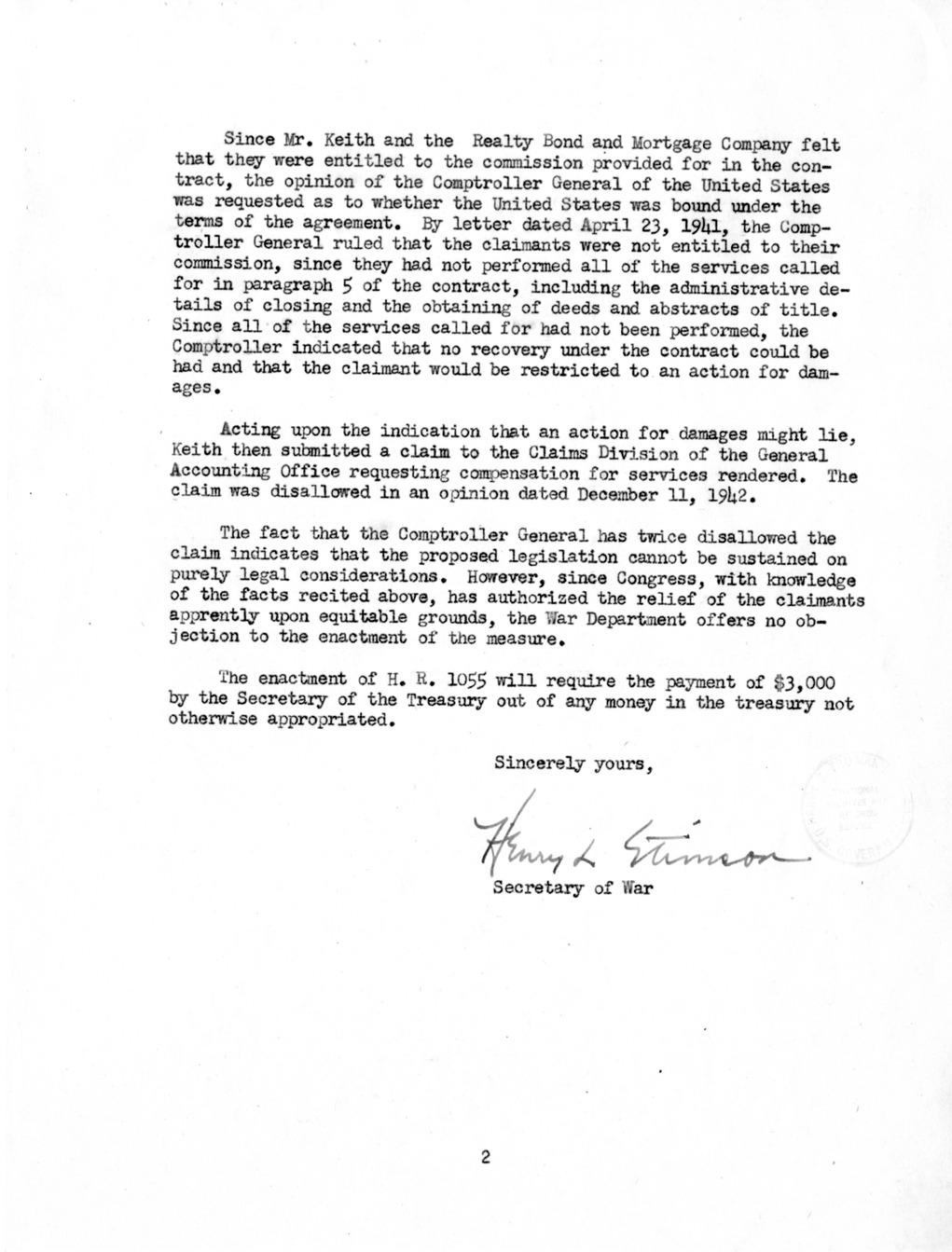 Memorandum from Harold D. Smith to M. C. Latta, H. R. 1055, for the Relief of the Realty Bond and Mortgage Company and Robert W. Keith, with Attachments