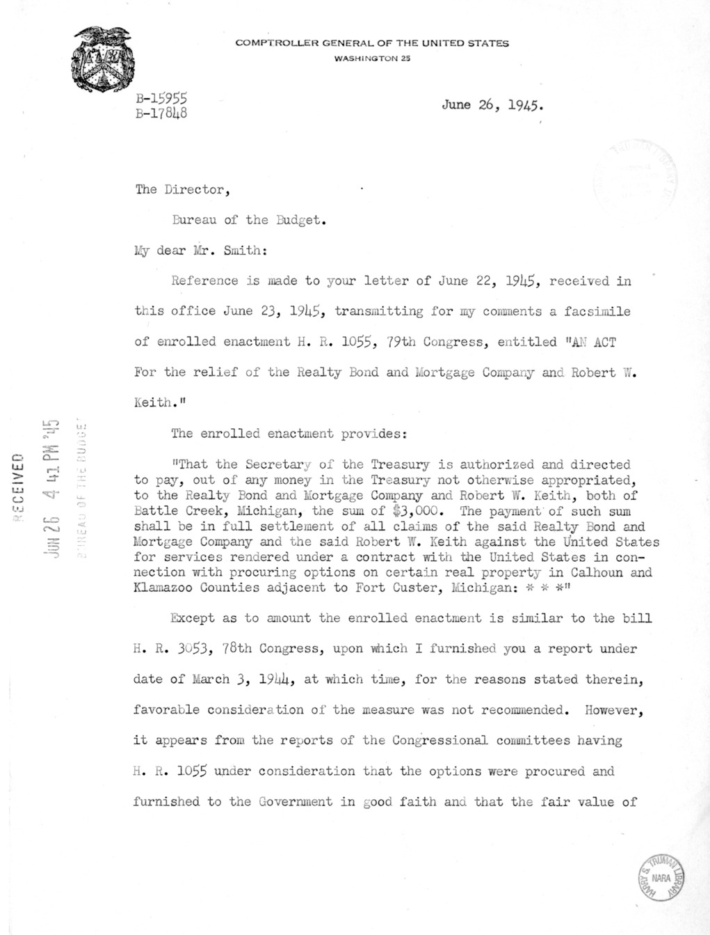 Memorandum from Harold D. Smith to M. C. Latta, H. R. 1055, for the Relief of the Realty Bond and Mortgage Company and Robert W. Keith, with Attachments