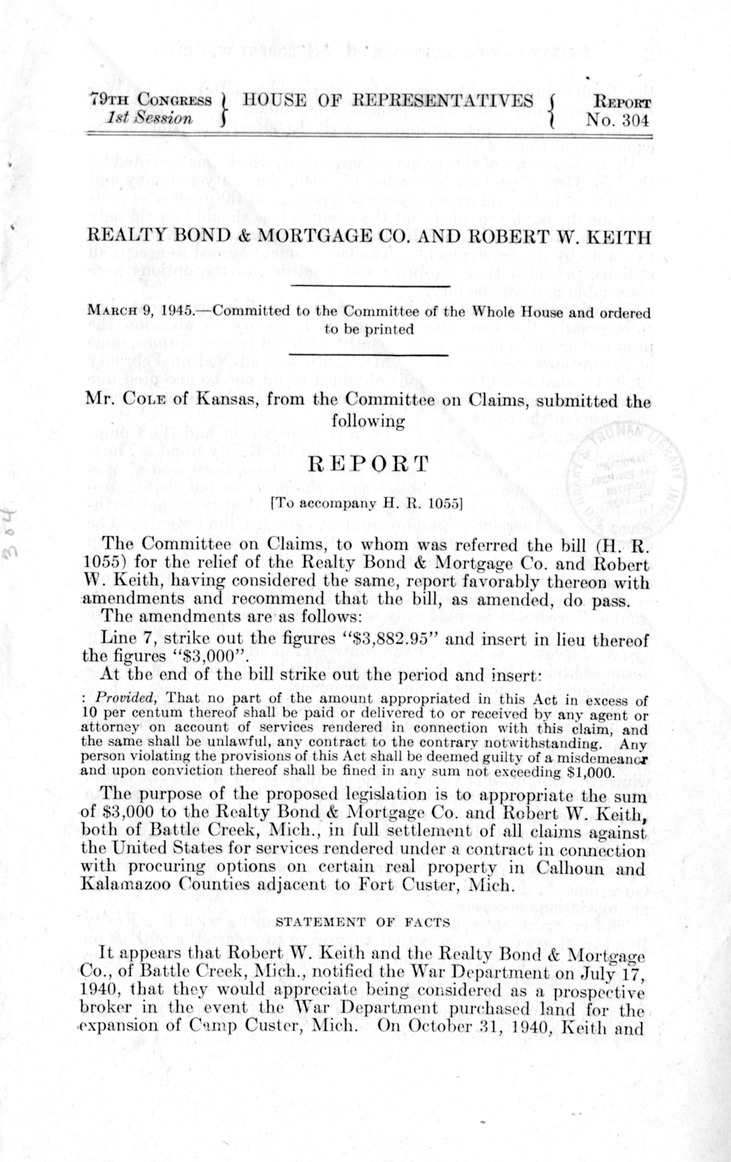 Memorandum from Harold D. Smith to M. C. Latta, H. R. 1055, for the Relief of the Realty Bond and Mortgage Company and Robert W. Keith, with Attachments