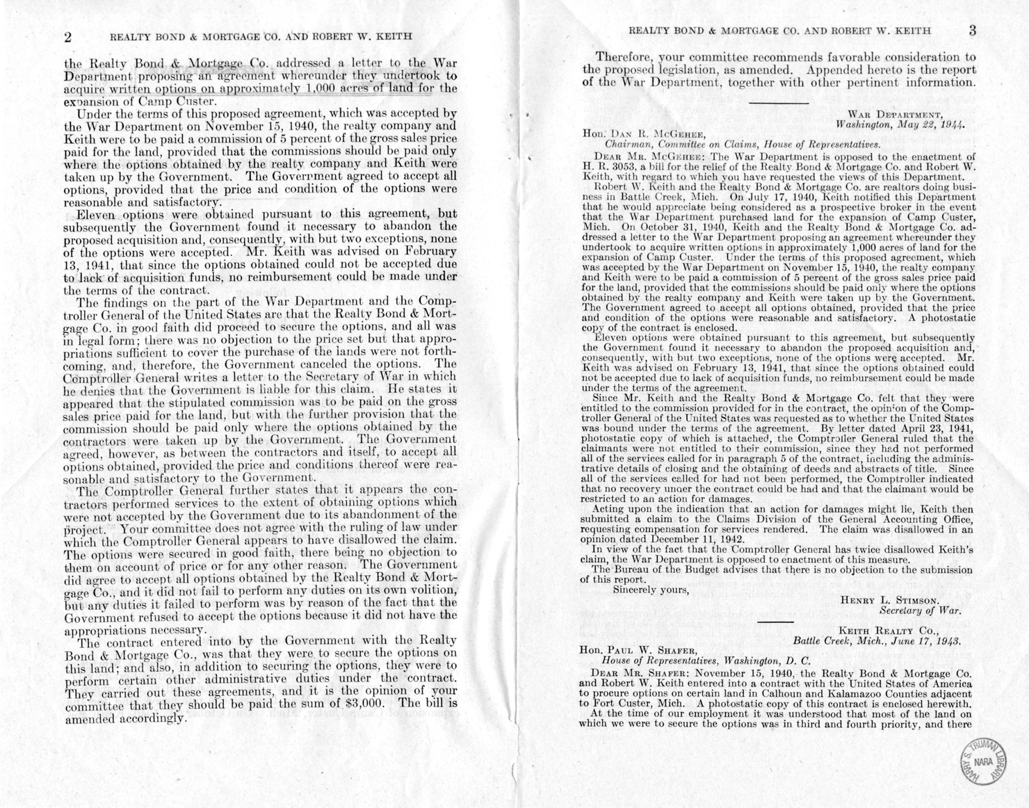 Memorandum from Harold D. Smith to M. C. Latta, H. R. 1055, for the Relief of the Realty Bond and Mortgage Company and Robert W. Keith, with Attachments
