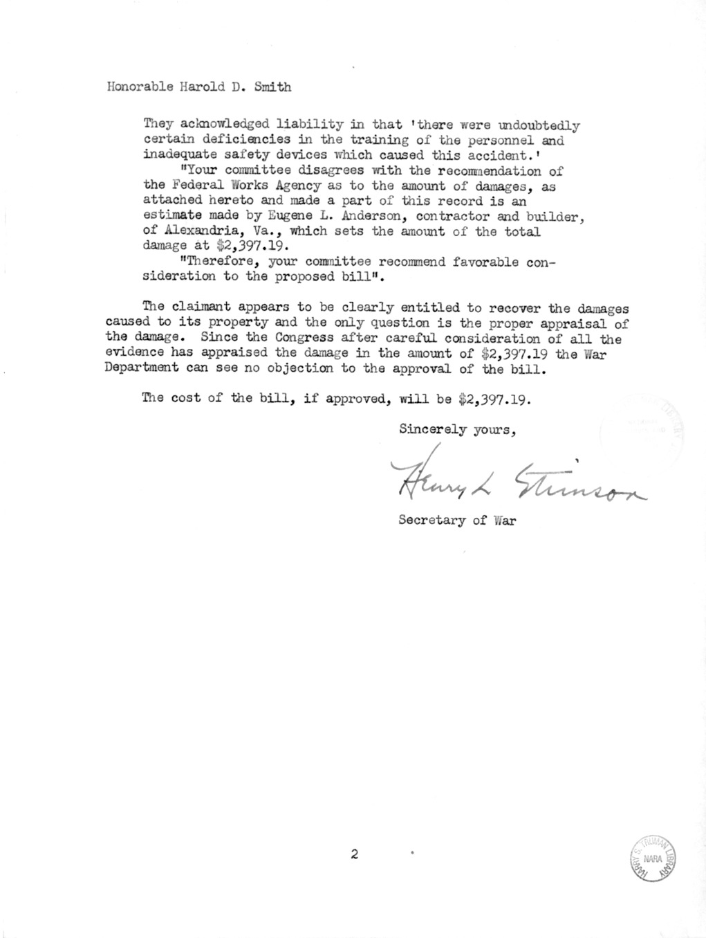 Memorandum from Frederick J. Bailey to M. C. Latta, H.R. 1058, For the Relief of W.A. Smoot, Incorporated, with Attachments