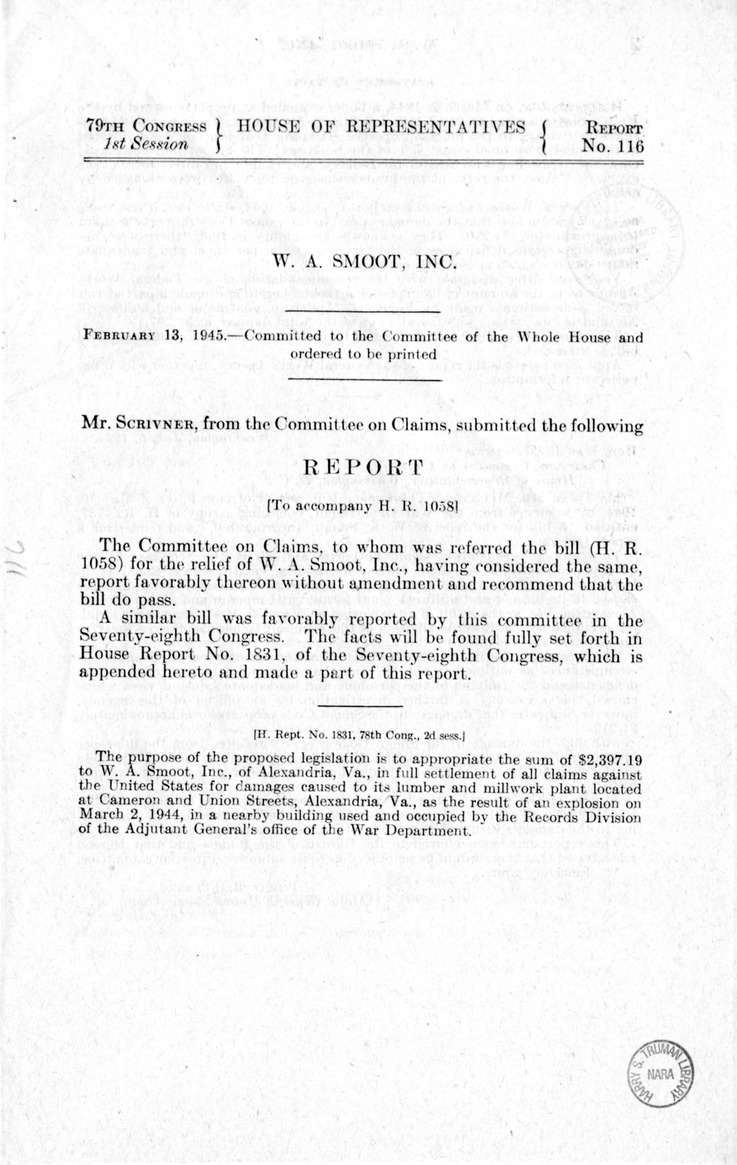 Memorandum from Frederick J. Bailey to M. C. Latta, H.R. 1058, For the Relief of W.A. Smoot, Incorporated, with Attachments