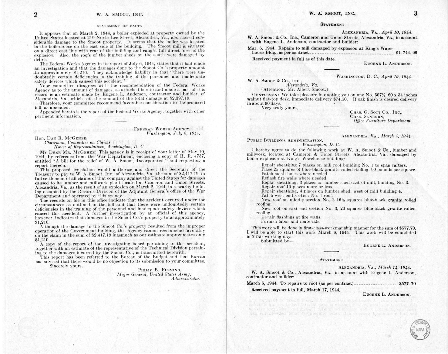 Memorandum from Frederick J. Bailey to M. C. Latta, H.R. 1058, For the Relief of W.A. Smoot, Incorporated, with Attachments