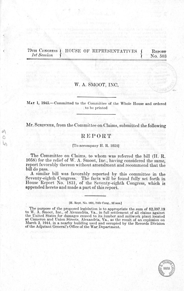 Memorandum from Frederick J. Bailey to M. C. Latta, H.R. 1058, For the Relief of W.A. Smoot, Incorporated, with Attachments