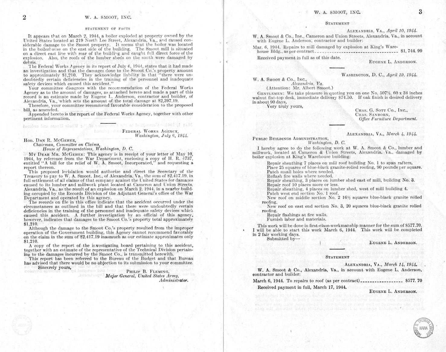 Memorandum from Frederick J. Bailey to M. C. Latta, H.R. 1058, For the Relief of W.A. Smoot, Incorporated, with Attachments