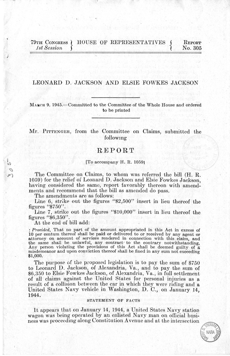 Memorandum from Frederick J. Bailey to M. C. Latta, H.R. 1059, For the Relief of Leonard D. Jackson and Elsie Fowkes Jackson, with Attachments