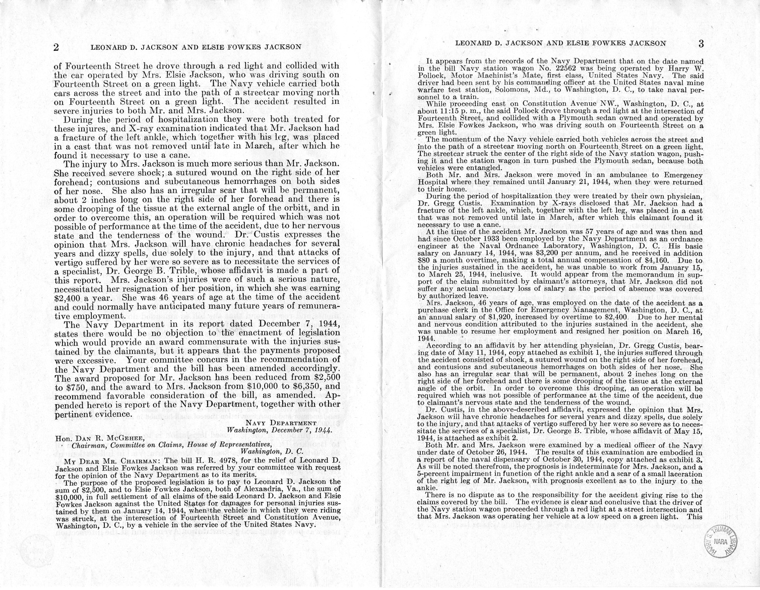 Memorandum from Frederick J. Bailey to M. C. Latta, H.R. 1059, For the Relief of Leonard D. Jackson and Elsie Fowkes Jackson, with Attachments