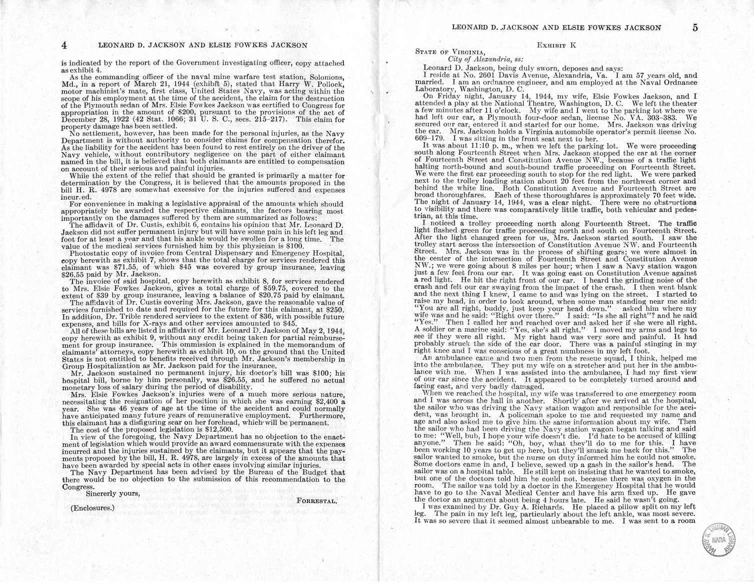 Memorandum from Frederick J. Bailey to M. C. Latta, H.R. 1059, For the Relief of Leonard D. Jackson and Elsie Fowkes Jackson, with Attachments