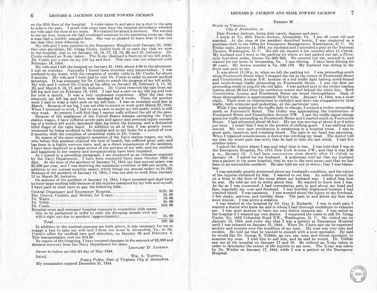 Memorandum from Frederick J. Bailey to M. C. Latta, H.R. 1059, For the Relief of Leonard D. Jackson and Elsie Fowkes Jackson, with Attachments