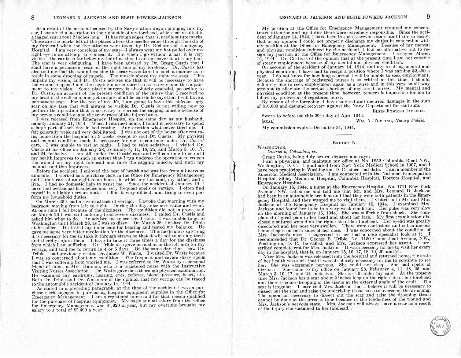 Memorandum from Frederick J. Bailey to M. C. Latta, H.R. 1059, For the Relief of Leonard D. Jackson and Elsie Fowkes Jackson, with Attachments