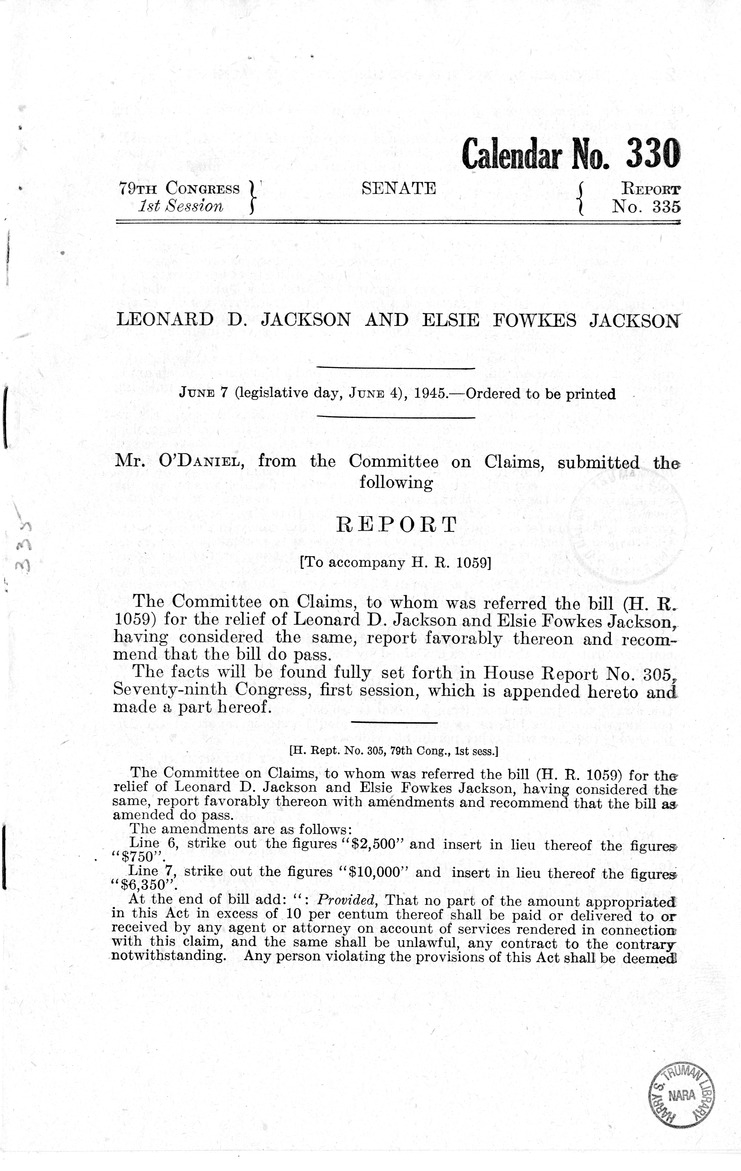 Memorandum from Frederick J. Bailey to M. C. Latta, H.R. 1059, For the Relief of Leonard D. Jackson and Elsie Fowkes Jackson, with Attachments