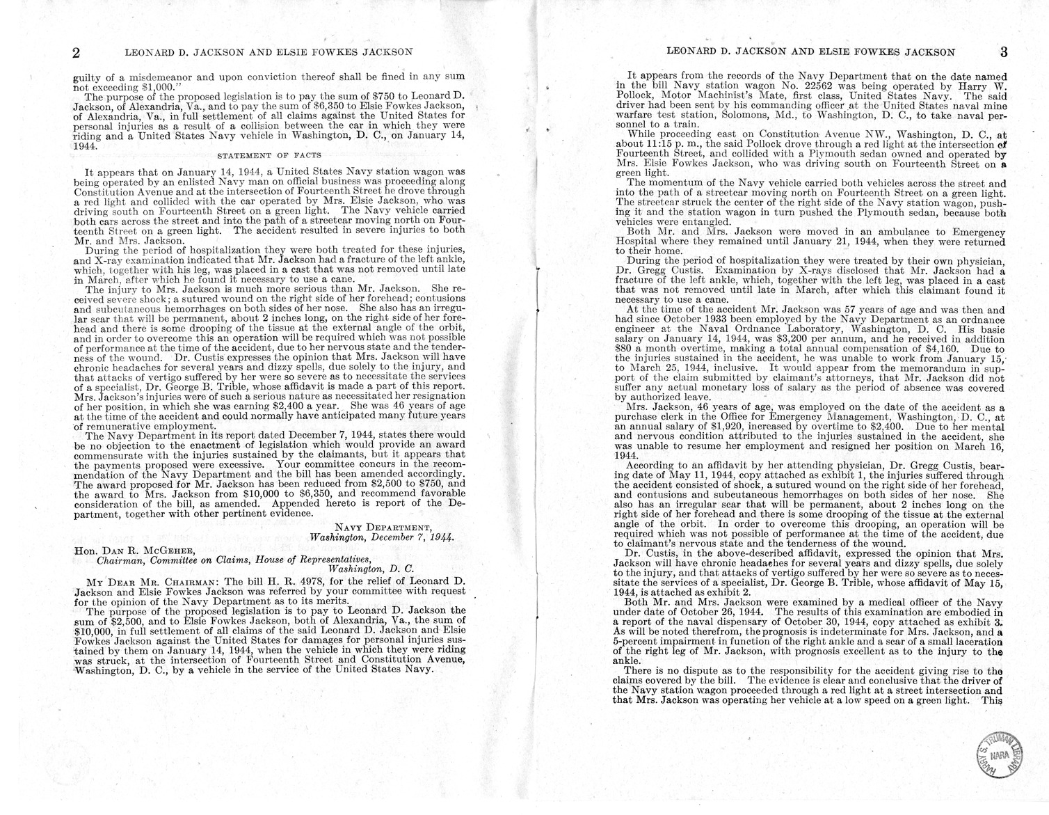 Memorandum from Frederick J. Bailey to M. C. Latta, H.R. 1059, For the Relief of Leonard D. Jackson and Elsie Fowkes Jackson, with Attachments