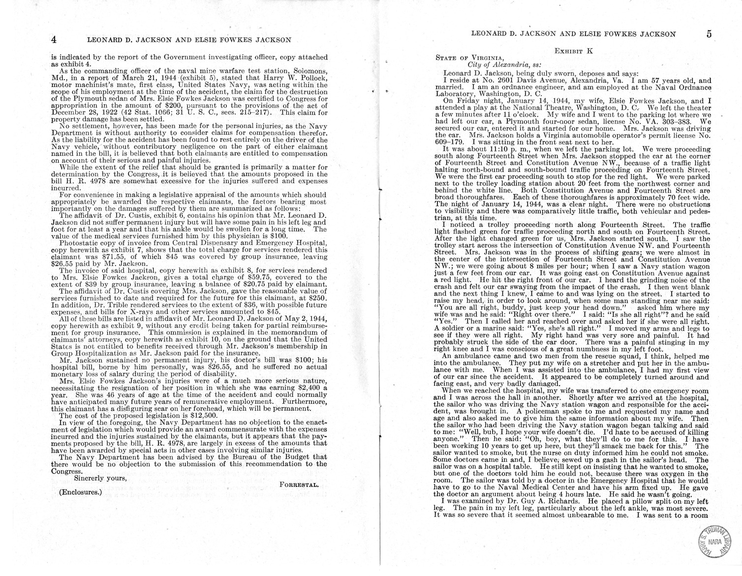 Memorandum from Frederick J. Bailey to M. C. Latta, H.R. 1059, For the Relief of Leonard D. Jackson and Elsie Fowkes Jackson, with Attachments