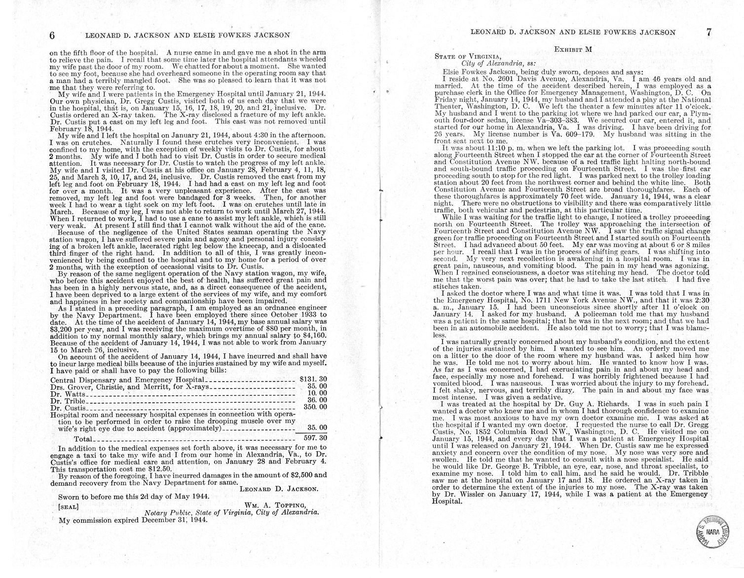 Memorandum from Frederick J. Bailey to M. C. Latta, H.R. 1059, For the Relief of Leonard D. Jackson and Elsie Fowkes Jackson, with Attachments