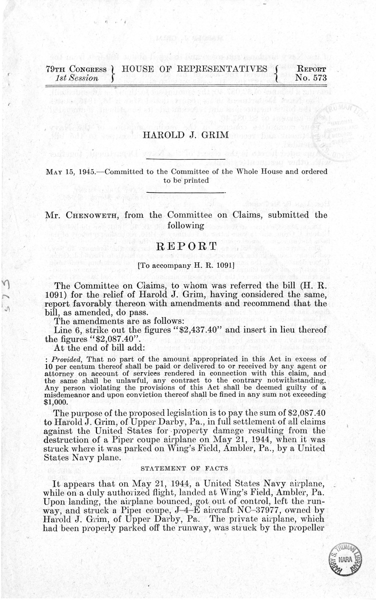 Memorandum from Frederick J. Bailey to M. C. Latta, H.R. 1091, For the Relief of Harold J. Grim, with Attachments