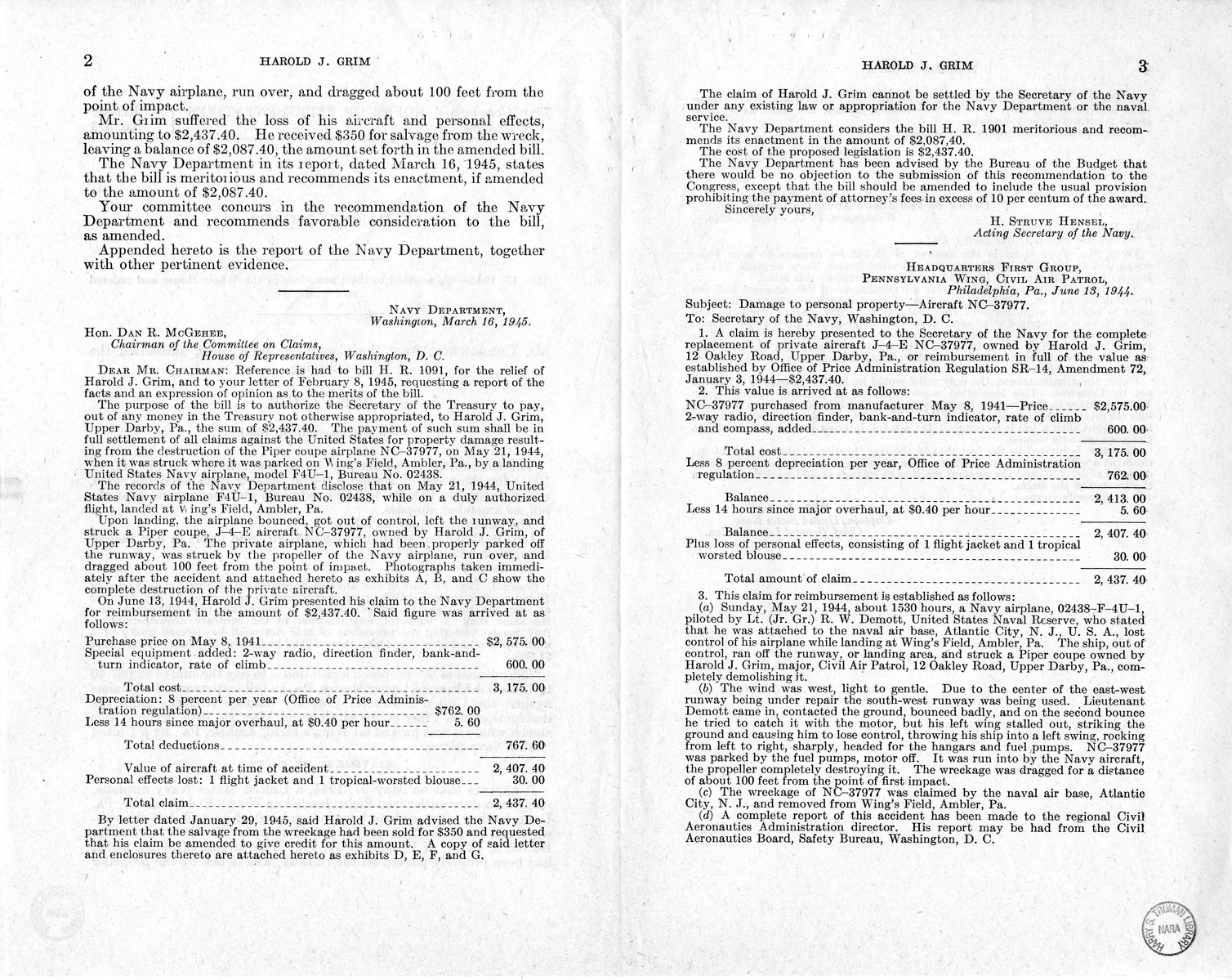 Memorandum from Frederick J. Bailey to M. C. Latta, H.R. 1091, For the Relief of Harold J. Grim, with Attachments