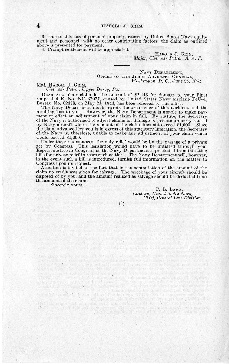 Memorandum from Frederick J. Bailey to M. C. Latta, H.R. 1091, For the Relief of Harold J. Grim, with Attachments
