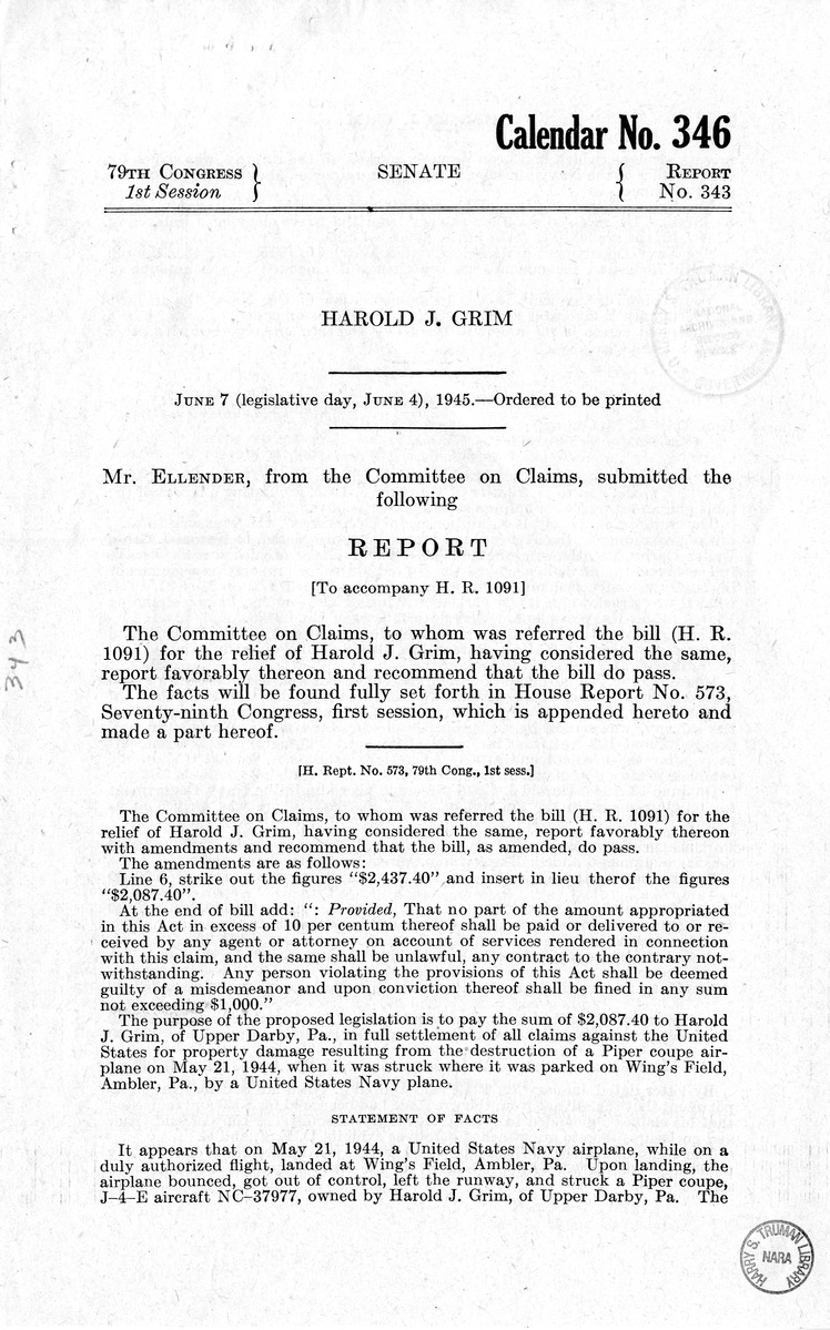 Memorandum from Frederick J. Bailey to M. C. Latta, H.R. 1091, For the Relief of Harold J. Grim, with Attachments