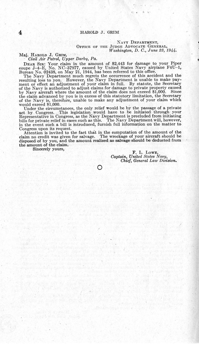 Memorandum from Frederick J. Bailey to M. C. Latta, H.R. 1091, For the Relief of Harold J. Grim, with Attachments