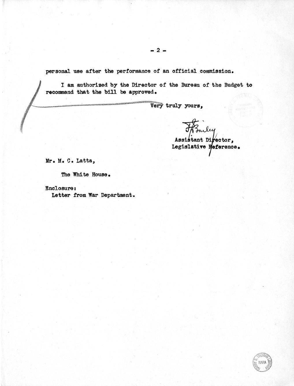 Memorandum from Frederick J. Bailey to M. C. Latta, H.R. 1243, For the Relief of Mrs. C. J. Rhea, Senior, with Attachments