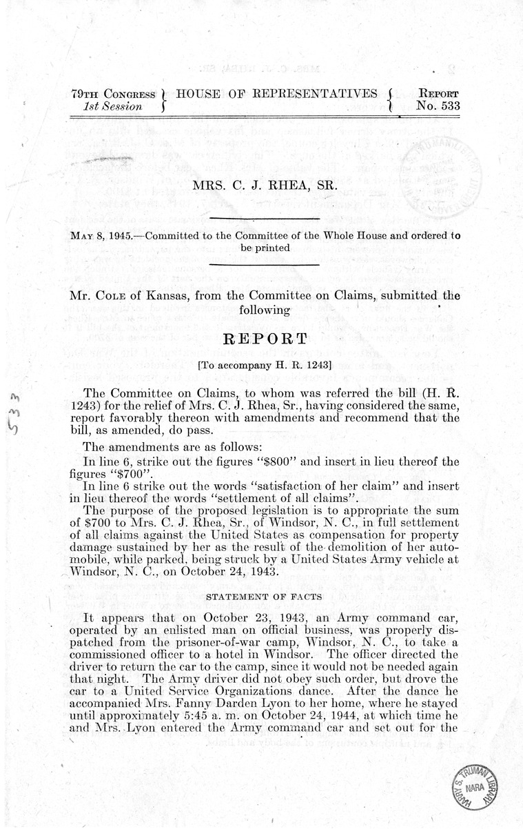 Memorandum from Frederick J. Bailey to M. C. Latta, H.R. 1243, For the Relief of Mrs. C. J. Rhea, Senior, with Attachments