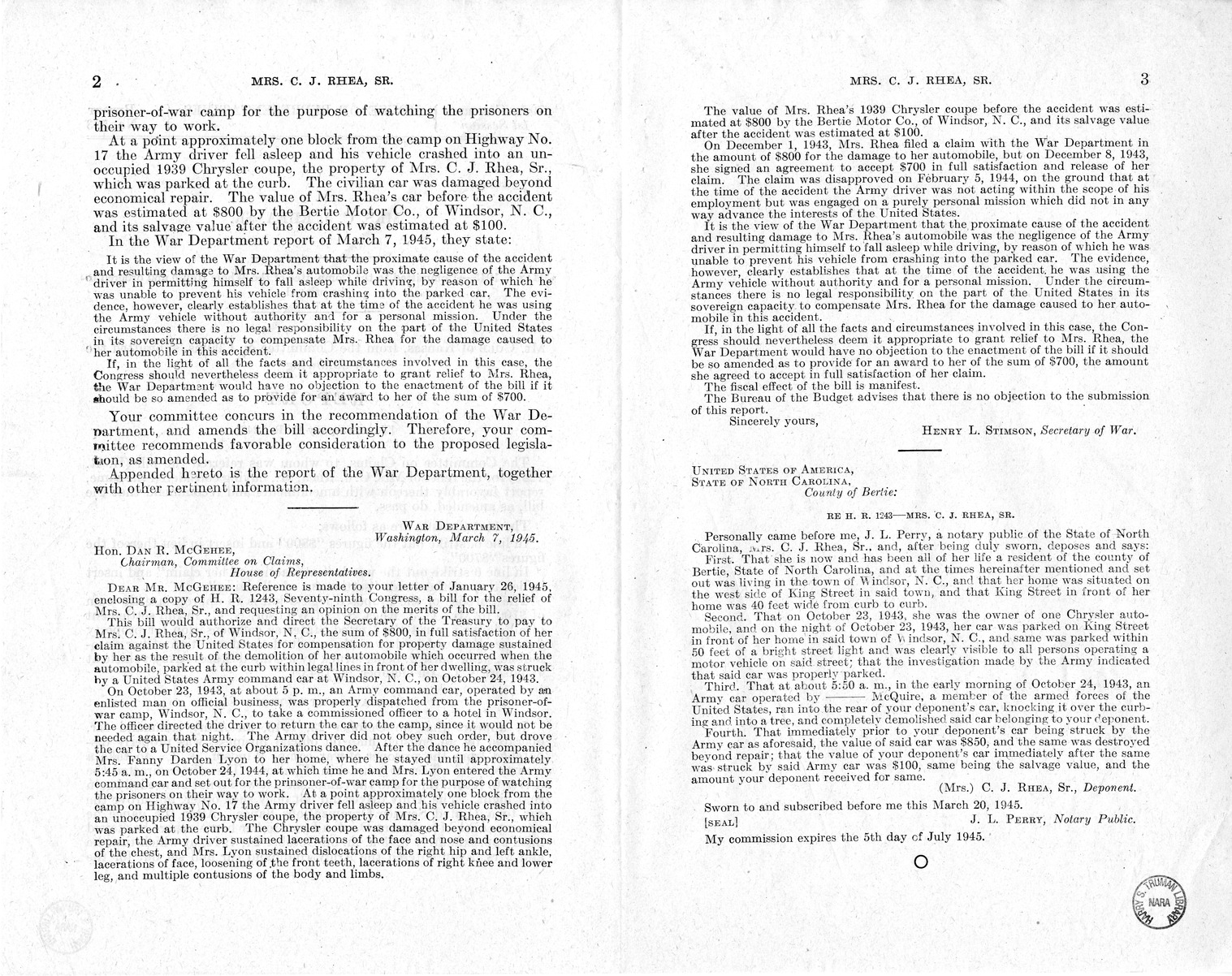 Memorandum from Frederick J. Bailey to M. C. Latta, H.R. 1243, For the Relief of Mrs. C. J. Rhea, Senior, with Attachments