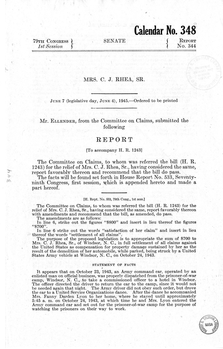 Memorandum from Frederick J. Bailey to M. C. Latta, H.R. 1243, For the Relief of Mrs. C. J. Rhea, Senior, with Attachments