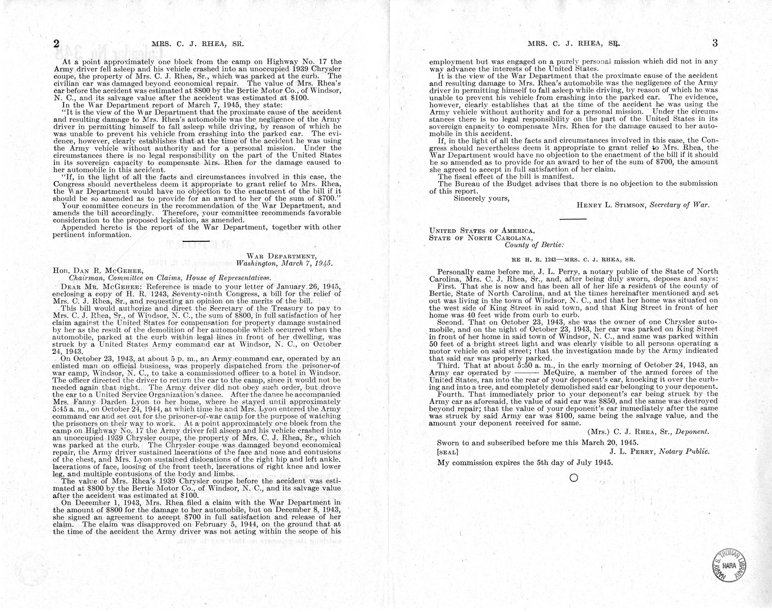 Memorandum from Frederick J. Bailey to M. C. Latta, H.R. 1243, For the Relief of Mrs. C. J. Rhea, Senior, with Attachments